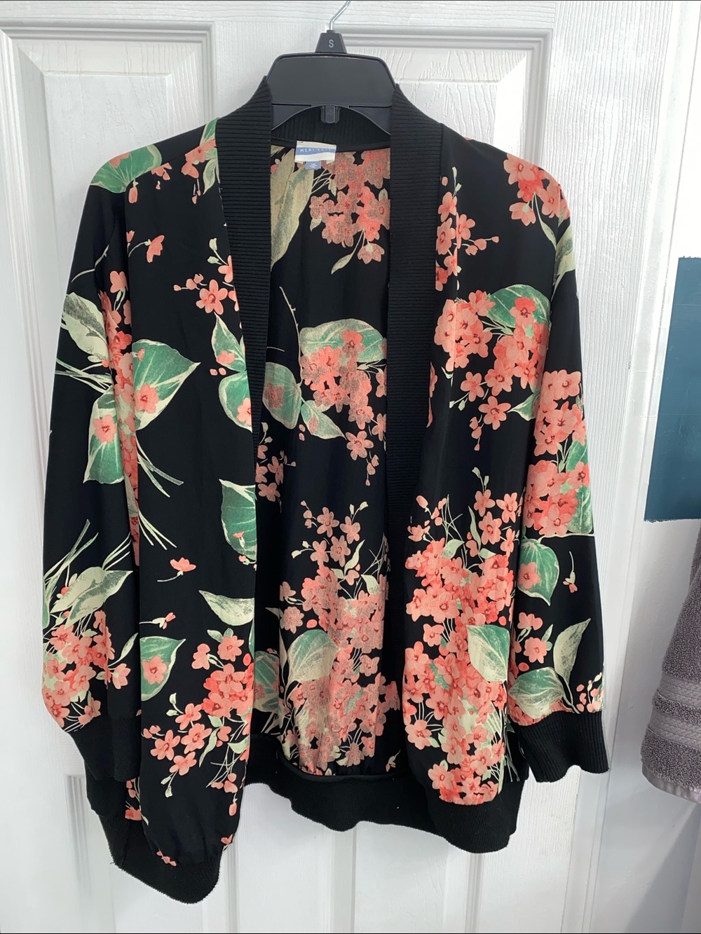Floral Open-Front Cardigan in Black with Coral Print